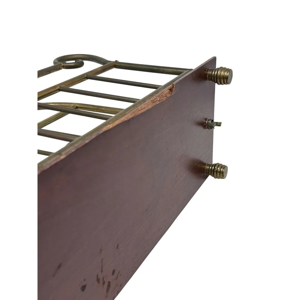 Vintage Brass Magazine Rack Wood Base Scroll Handle Double Slot Record Holder‎
